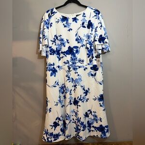 NWT LAUREN RALPH LAUREN Womens White Blue Floral Dress Ruffled Sleeves Size 16